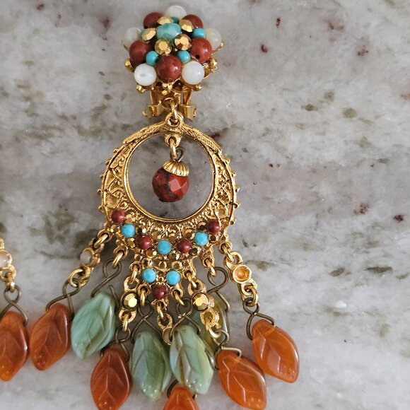 RARE JOSE MARIA BARRERA FALL LEAF STONE CRYSTAL DROP DANGLE CHANDELIER EARRINGS - Picture 3 of 11